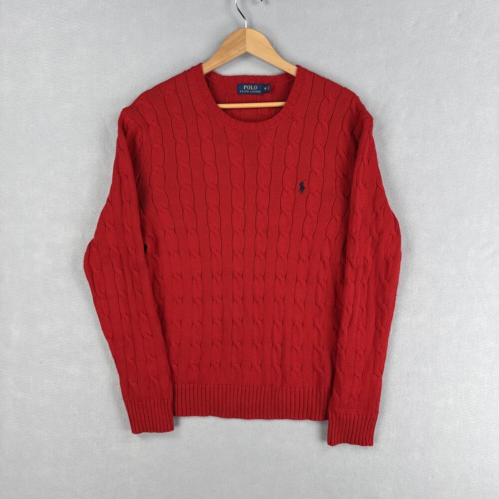 Polo Ralph Lauren Sweater Mens Medium Red Cotton Cable Knit Crewneck Pony Logo